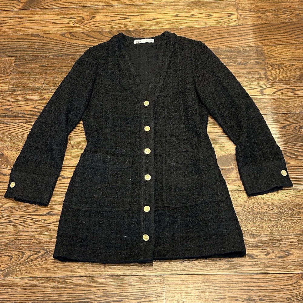 Zara Black Tweed Mini Coatigan with Gold Buttons